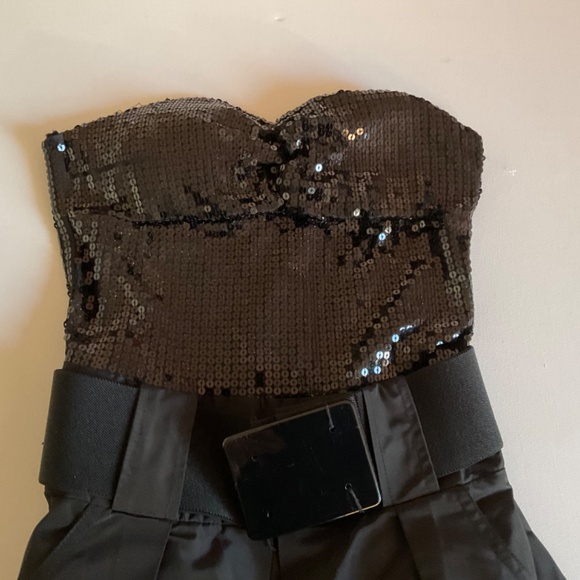 Costa Blanca Short Strapless Satin Black Dress with Sequin Top and Belt Size XS. - Picture 4 of 10